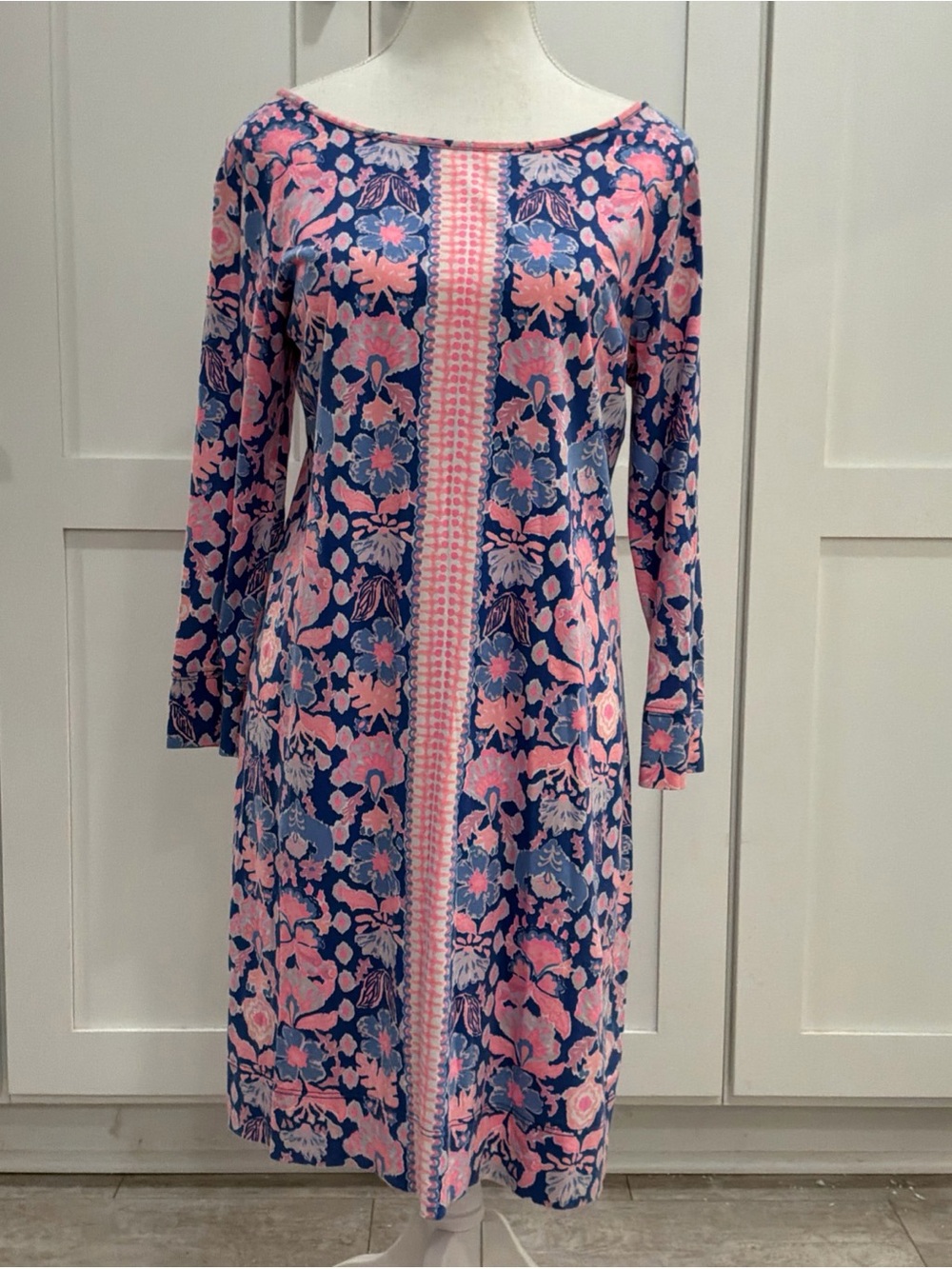 Lilly Pulitzer Blue Pink Floral Pima Cotton Tunic Dress 3/4 Sleeve Womens M
